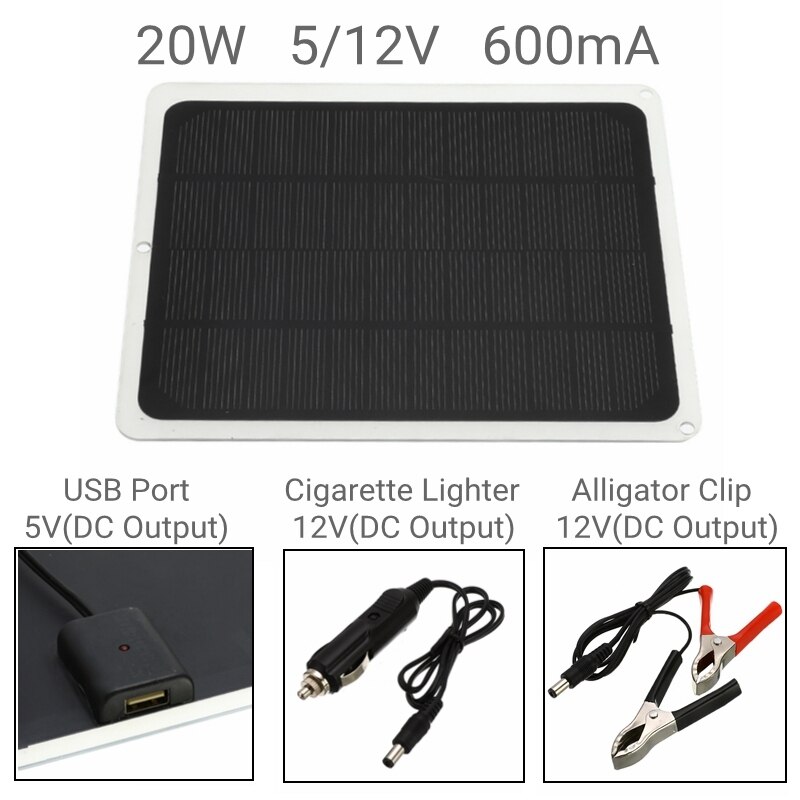 20W Zonnepaneel 12V USB Monokristallijn Zonnepaneel met Autolader voor Outdoor Camping Emergency LED Licht Waterdicht