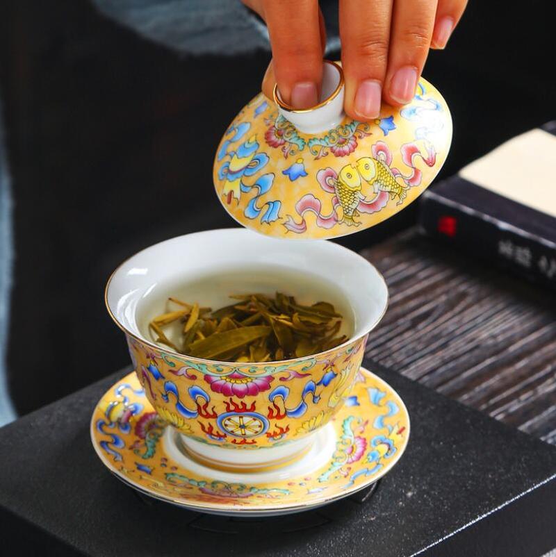 150ml ekstra store blå og hvide porcelæn otte skatte gaiwan kinesisk te skål gul keramisk te terrin te kop underkop sæt