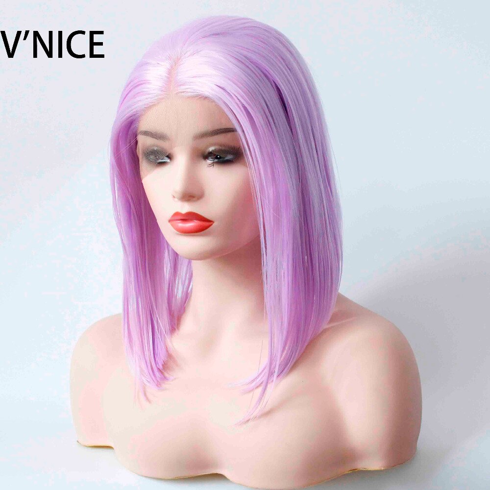 V'NICE-Peluca de lavanda para mujer, pelo liso corto violeta, estilo Bob, pelucas frontales de encaje sintético, peluca de color morado claro