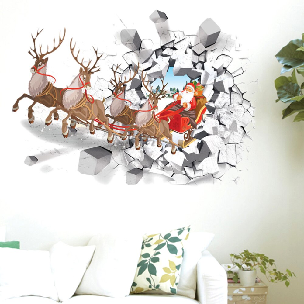 Christmas Wall Stickers 3D Santa Claus Reindeer Car Removable Wall Decals for Bedroom Living Room Restaurant Office Dec