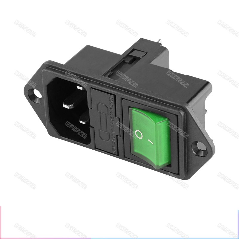 Rocker Switch with double fuse AC socket full copper Red Light 10A 250V 3Pins Black green red: green with light