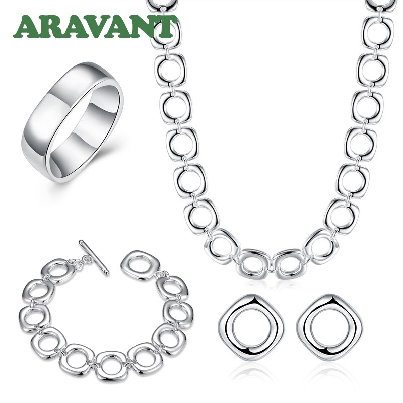 Women Jewelry Set 925 Stamp Silver Color Square Earrings Rings Necklace Bracelet Set For Women Party Jewelry Set Christmas