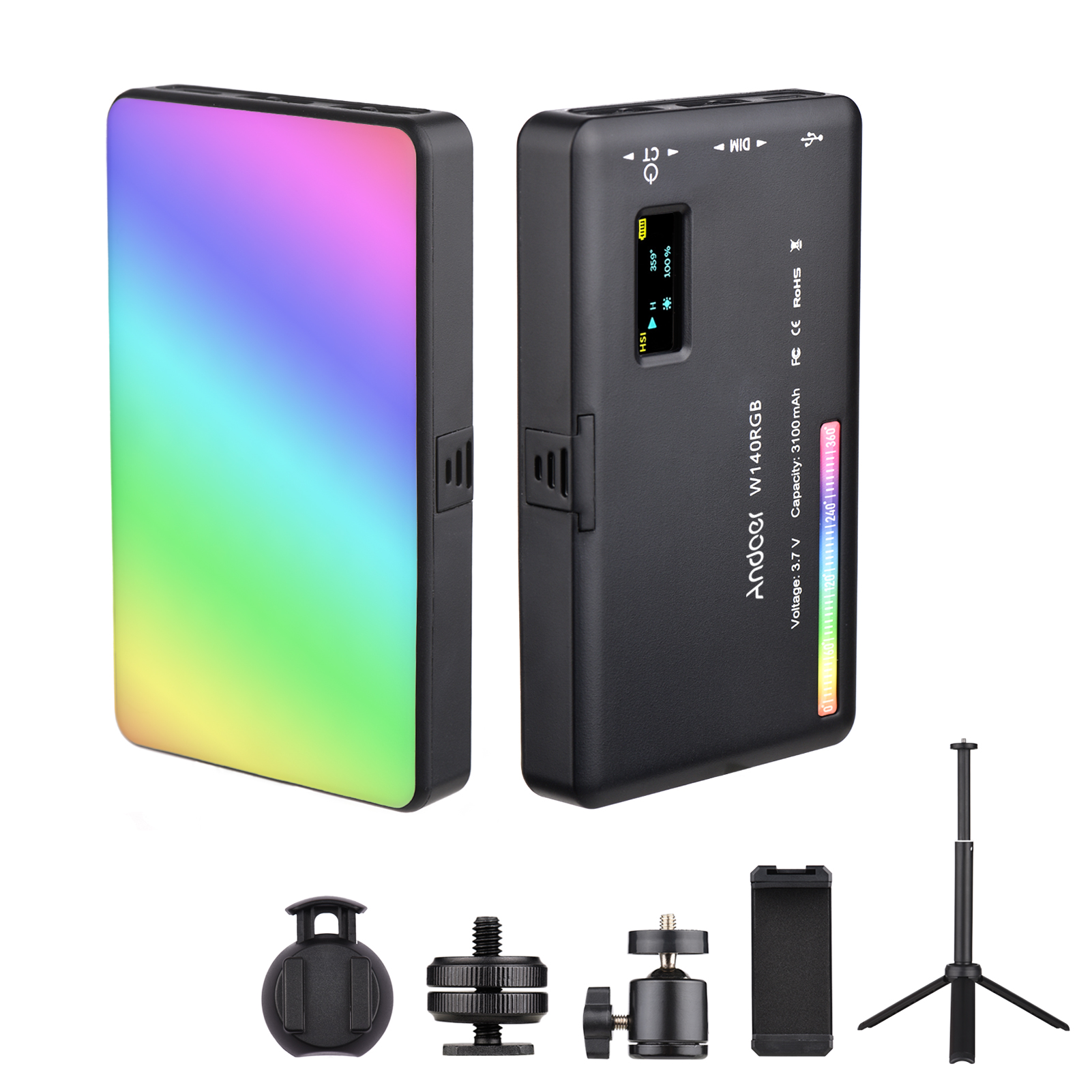 Andoer W140 RGB LED Video Light Rechargeable Photography Fill Light CRI95+ 2500K-9000K 20 Lighting Effects for Video Shooting: Light Kit