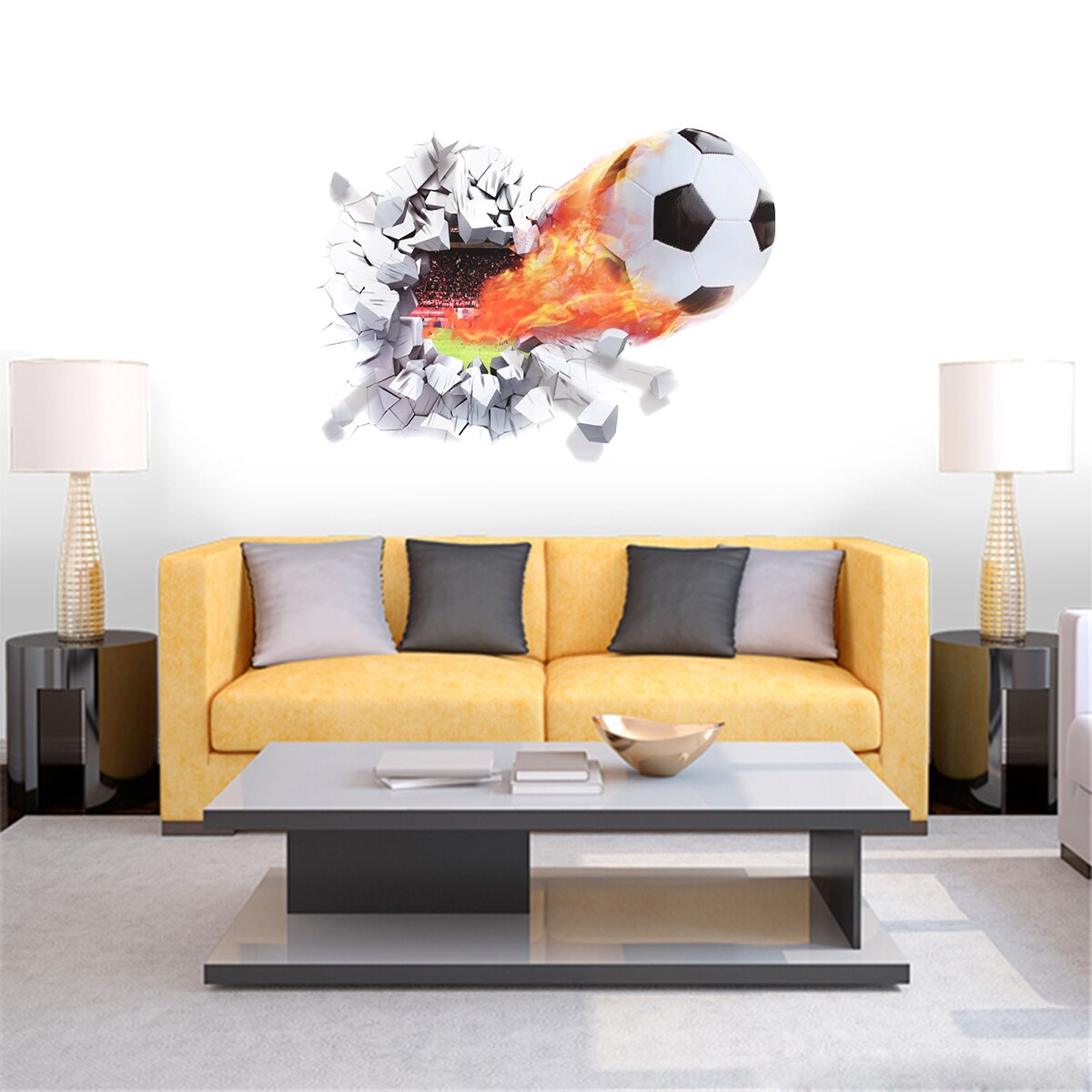firing football through wall stickers for kids room decoration home decals soccer funs 3d mural art sport game pvc poster