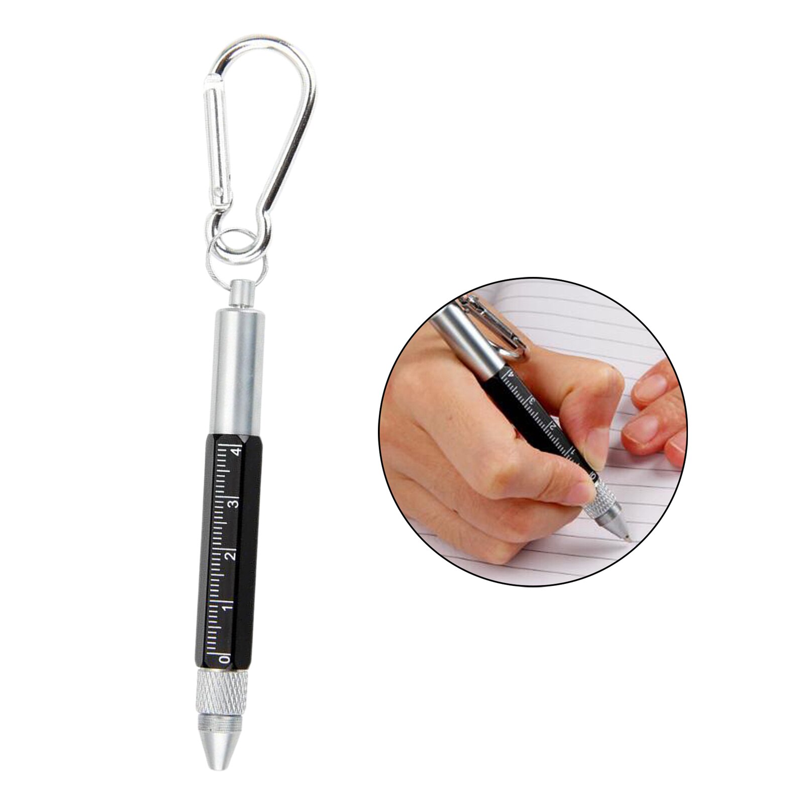6-In-1 Sleutelhanger Pen Praktische Sleutelhanger Stylus Multifunctionele Balpen: Black Carabiner