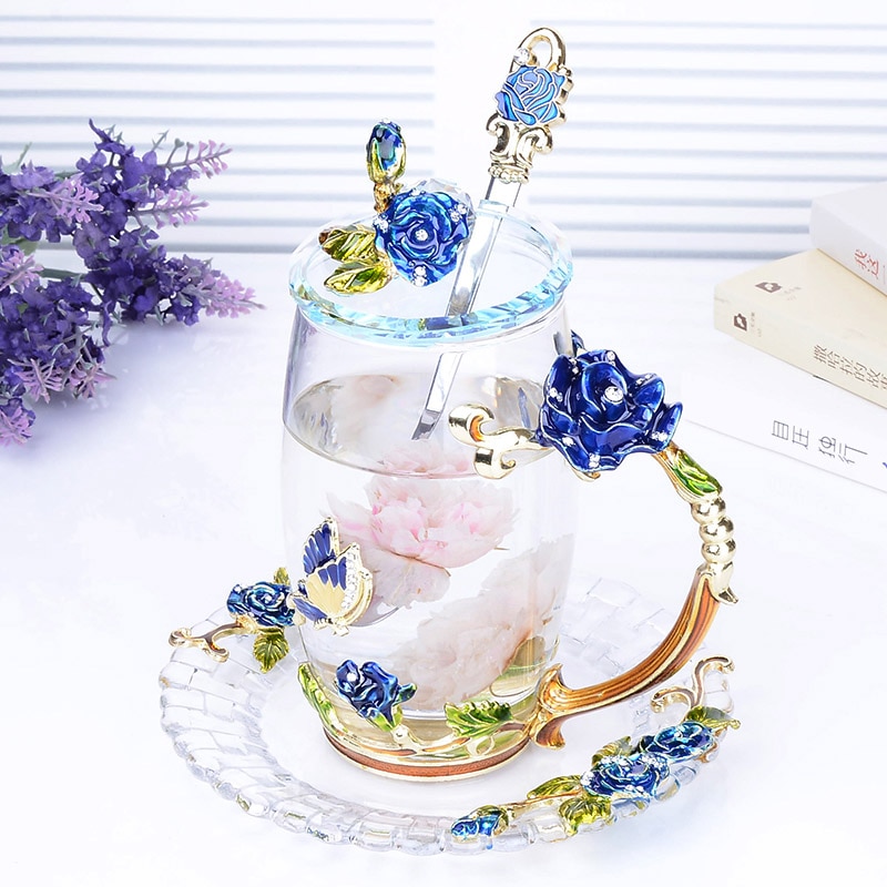 Blå rose emalje krystall te kopp kaffe krus sommerfugl rose malt blomst vann kopper klart glass med skje sett
