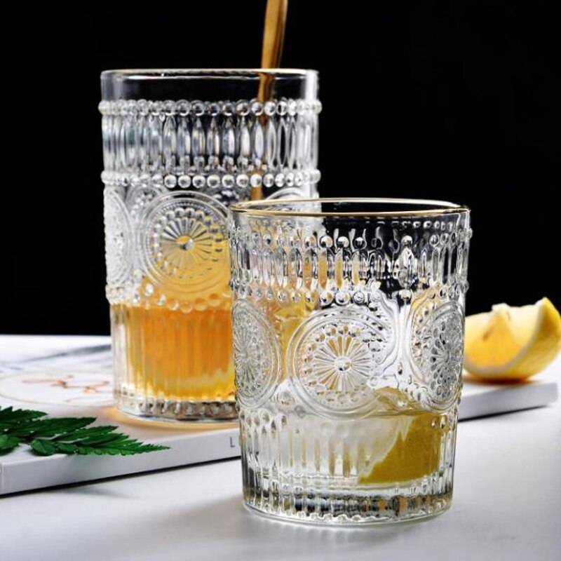 2 pçs em relevo copos de vidro aro de ouro copo de suco de vidro copo de leite velho moda girassol gravura copo de vidro bebendo vinho de cristal glassless
