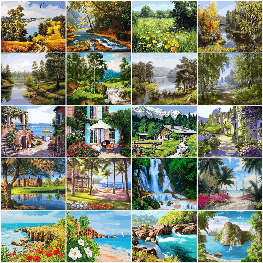 HUACAN Painting By Number Tree Scenery Kits Drawing Canvas HandPainted DIY Picture By Numbers Lake Landscape Home Decor