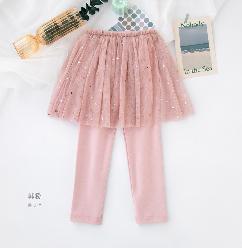 Girls Leggings with Skirt Children Spring Skinny Pants Solid Cotton Skirt-Pants Toddler Kids Leggins: Pink / 120(5-6T)