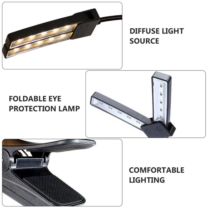 1pc LED Music Stand Light USB Charging Piano Clip Lamp Foldable Night Lamp Rechargeable Foldable Spectrum Clip Lamp