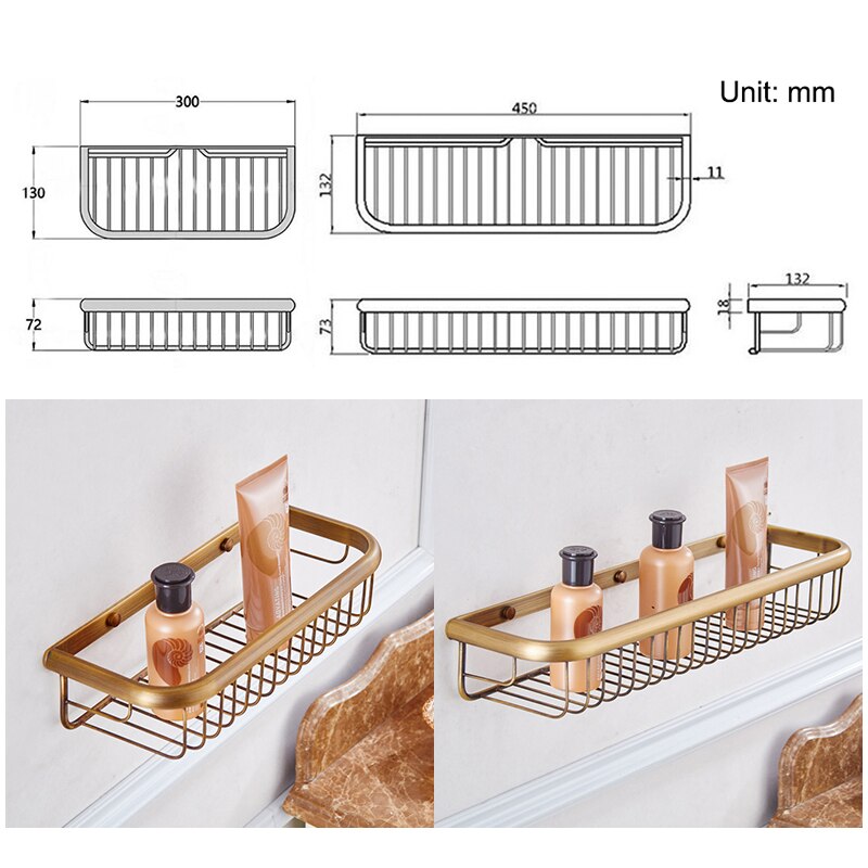 Bathroom Shelf Antique Bronze 45cm/30cm Shampoo Holder Bath Storage Bath Wall Shelves Rectangle Copper Shelf Bathroom Hardware