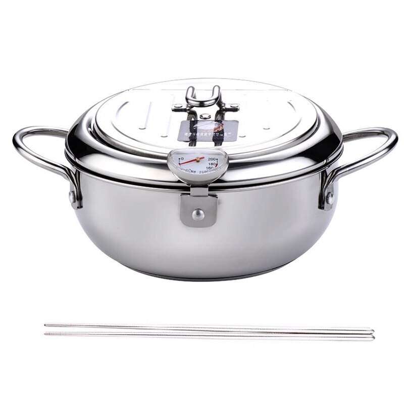 Deep Frying Pot with a Thermometer Lid&Chopsticks Stainless Steel Kitchen Fryer Pan Fryer Pan Uncoated Fryer 24 cm