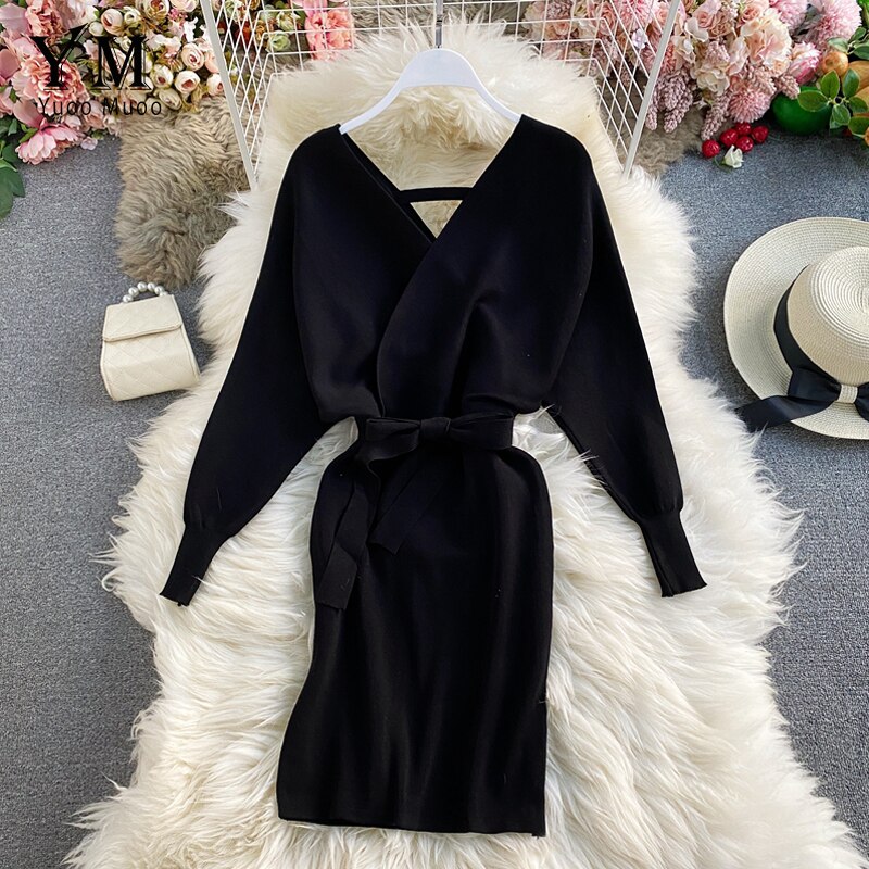 Yuoomuoo Vrouwen Lange Mouw Trui Jurk Vrouwen Trui Casual Herfst Winter Jurk V Hals A-lijn Korte Mini Gebreide Jurk: Black