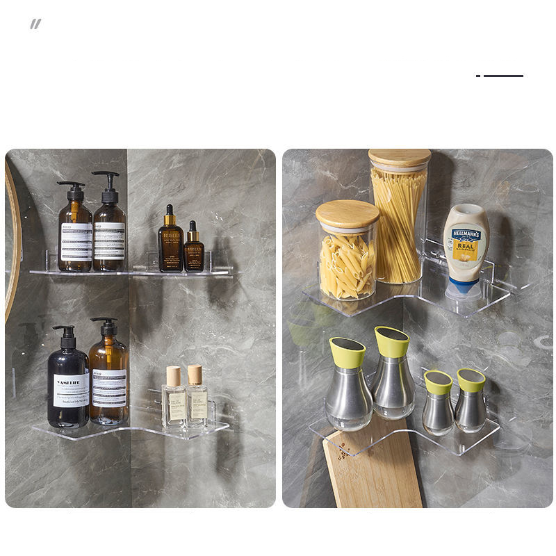 Estantería flotante de esquina de acrílico para baño, estantería protectora para artículos de cosmética, estante de almacenamiento transparente para colgar en la pared de la cocina