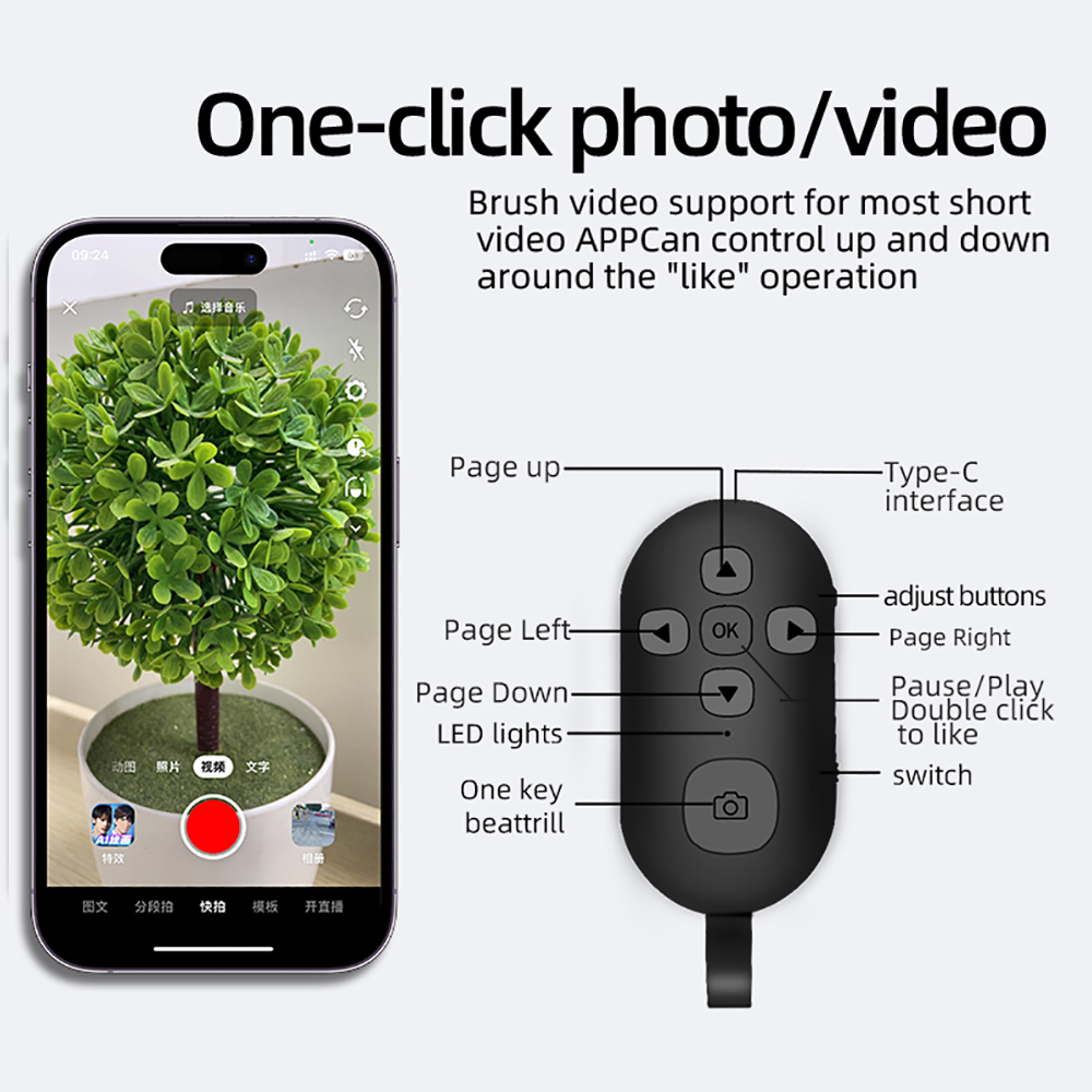 Bluetooth 5.0 Remote Controller Wireless Controller Button for Mobile Phone Selfie Shutter Release Tik Tok e-book Page Turning
