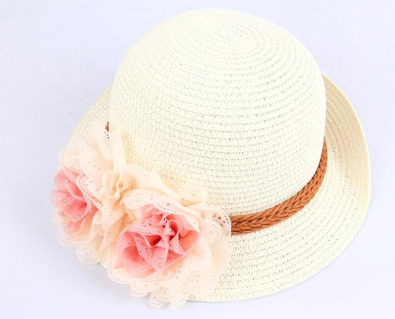 Kid Girl Princess Sun Hat Flower Beach Caps Children Straw Wide Brim Floppy Cap Flower Children's Sun Hat: WYH-4814-WH