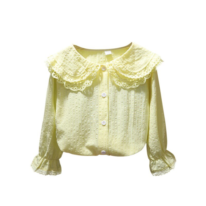 Spring Summer Girls Blouses Cotton Lapel Blouse For Girls Clothes Children Long Sleeve Tops Baby Girl Sweet Shirt 1-8 Years: Yellow / 1-2T