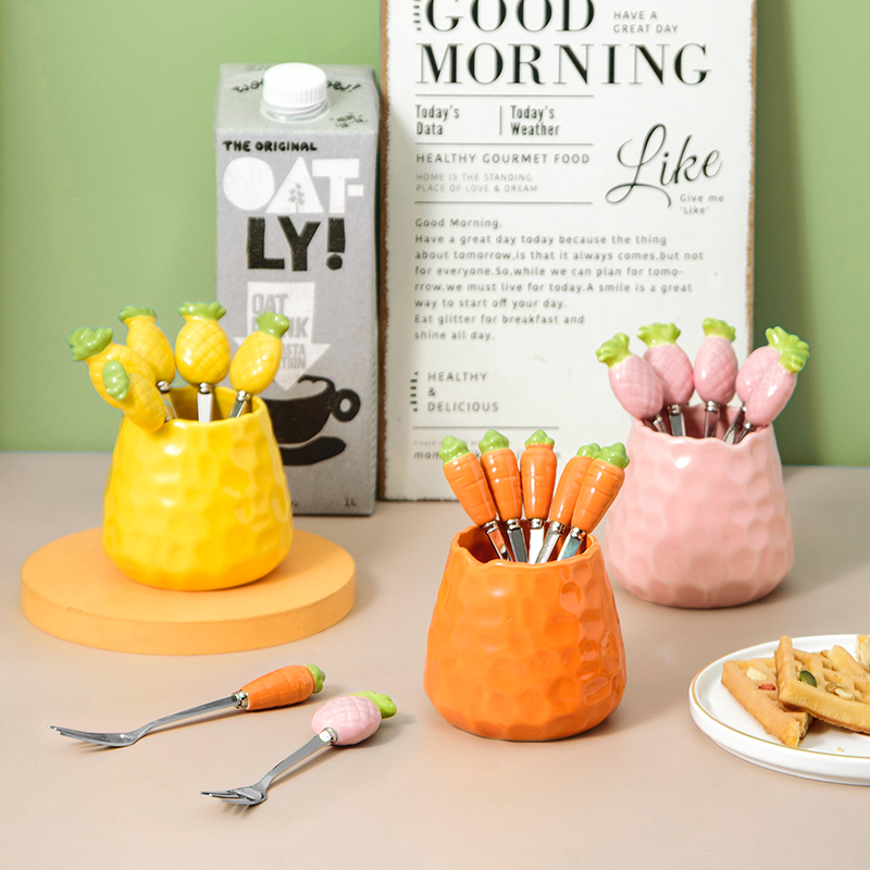 Fourchettes à fruits créatives en acier inoxydable, 7 pièces, service de couverts, fourchettes avec support en céramique pour pique-nique à la maison