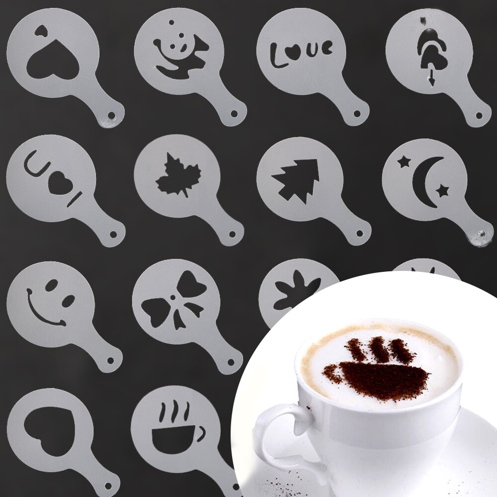 Cappuccino Latte Koffie Barista Mold Koffie Stencil Filter Templates Strooi Koffie Accessoires Gereedschap Suiker Zeef Gereedschappen Pp 16 Pcs