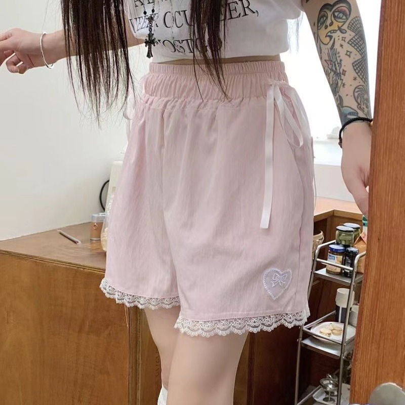 Højtaljede shorts i japansk stil med blonder, ruched patchwork,  y2k vide ben til kvinder, bandage, sløjfe, sommer, knælange, hotsweet, korte bukser