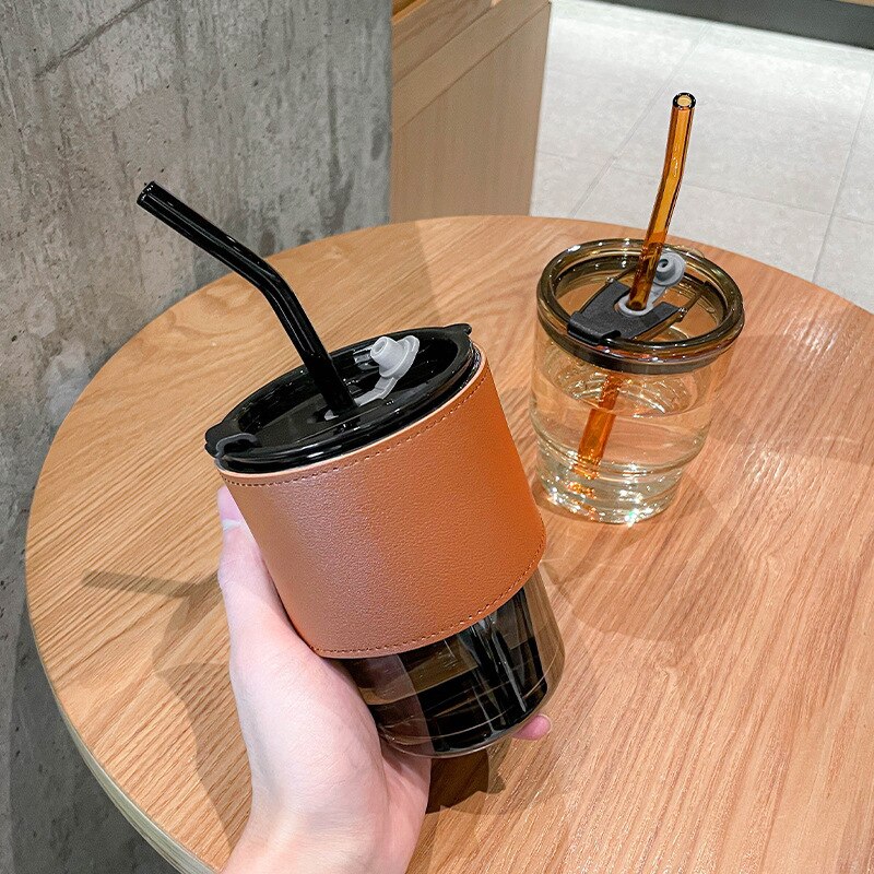 Coffee Cup High-grade Exquisite Glass Water Cup High Color Straw Cold Extraction Cup Ins Style Feeling Double Mouth Cup