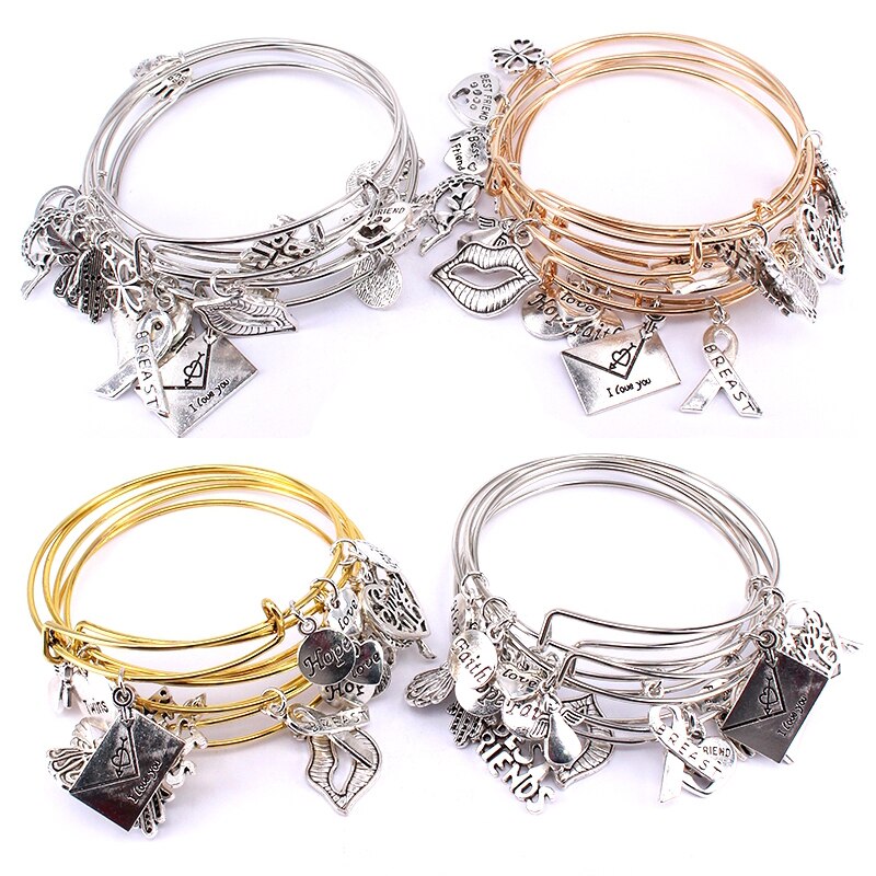 5 pçs conjunto de pulseiras de arame para mulheres meninas jewllery lábios misturados melhores amigos câncer de mama amor coração charme pulseiras c041