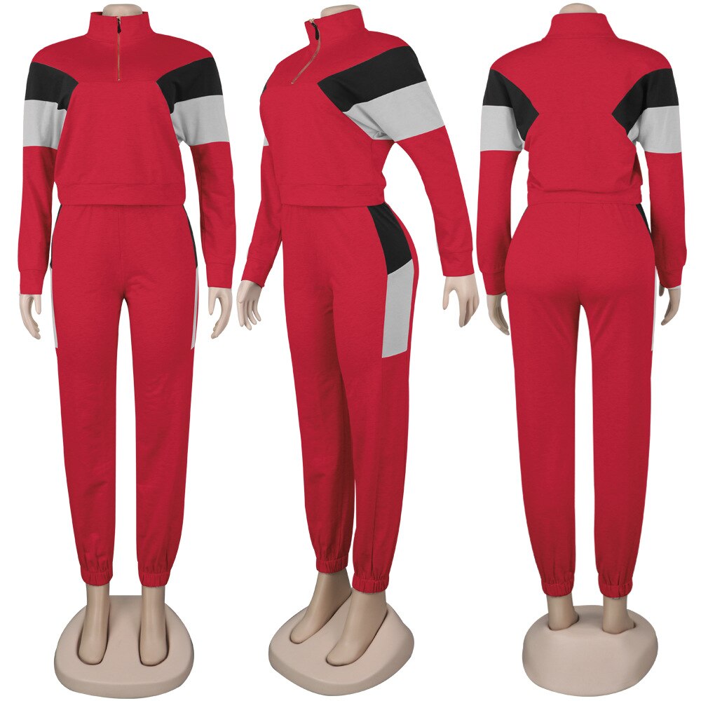 Winter Frauen Sport 2 Stück Trainingsanzug Farbe Patchwork Volle Hülse Drehen-unten Kragen Sweatshirt Hosen Casual Sweatsuit Outfits