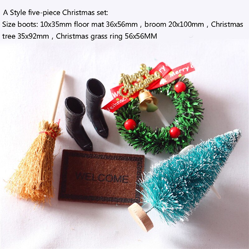 5Pcs/Set Dollhouse1:12 House Door Christmas Tree Christmas Wreath Decoration Set Decoration: A