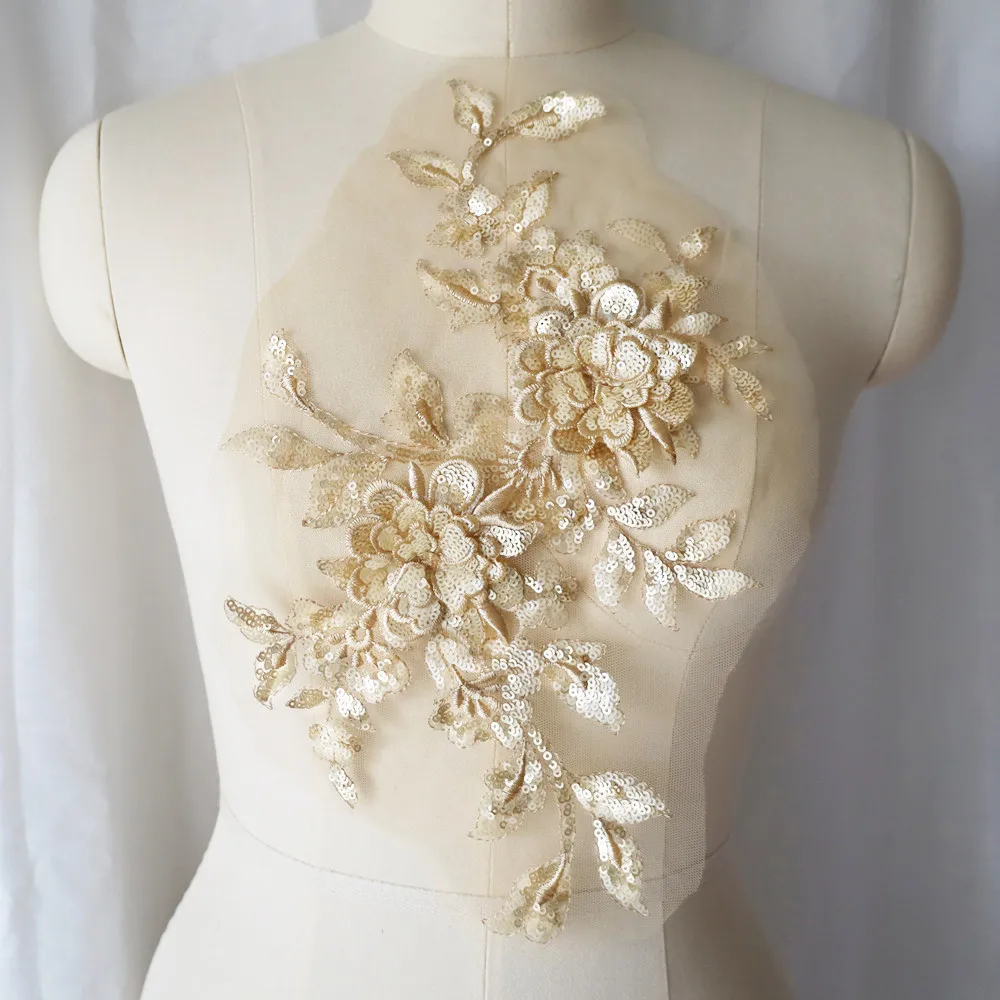Lantejoulas bordadas flor aplique renda tecido guarnição gola de malha vestido de noiva de casamento remendo de costura vestido de festa decoração artesanato faça você mesmo: Zinco envelhecido