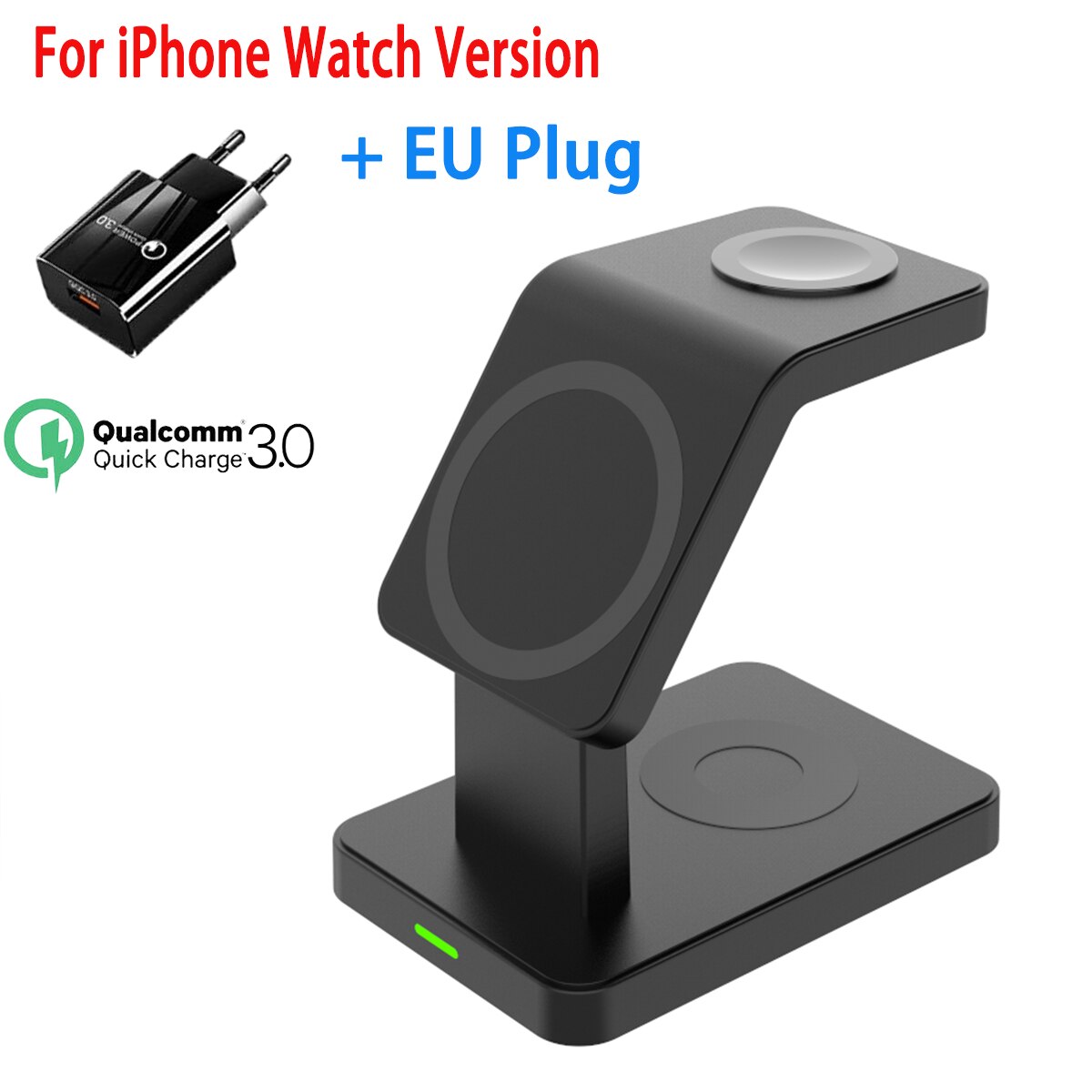 30w kabelloser ladeständer für iphone 13, 12 pro max, apple watch 3 in und 1 qi; schnellladestation für airpods pro und iwatch 7 und 6: Schwarz mit eu-stecker