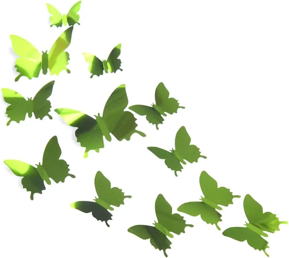 Pegatinas de pared de espejo de mariposa para niños, 12 piezas, calcomanía 3D DIY, arte para niños, pegatina para pegar, decoración del hogar, Fondo de dormitorio, de boda: Verde