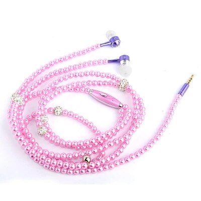 Pearl Necklace Earphone In-Ear Pink Rhinestone Necklace Jewelry Beads Earphones With Mic For Samsung Xiaomi Brithday Girls