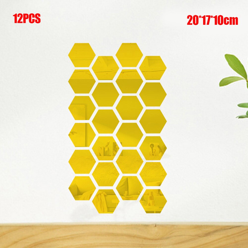 Spot 12 pièces hexagonales miroir Stickers muraux bricolage Art décoration de la maison salon artisanat QP2: Or