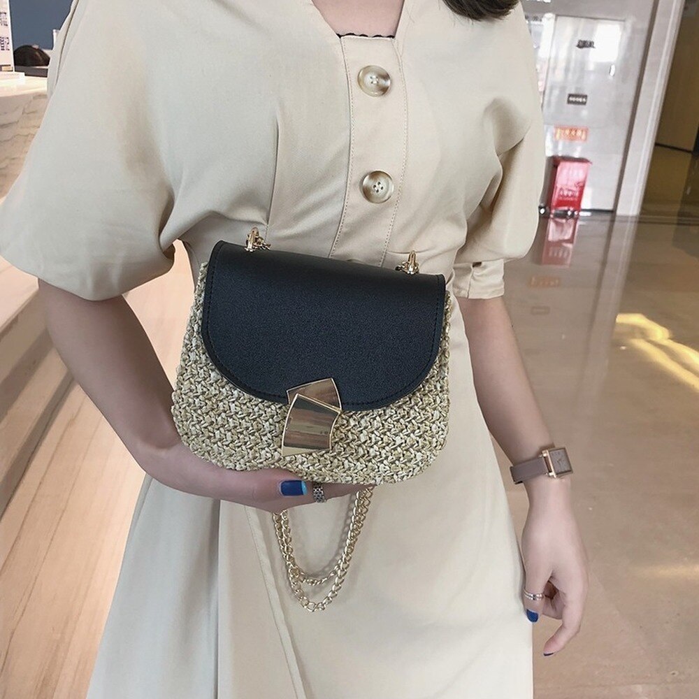 Vrouwen Messenger Bag Stro Strand Geweven Rotan Tas Ketting Band Vrouwelijke Schoudertas Kleine Dames Crossbody Flap Bag Bolsa Feminina