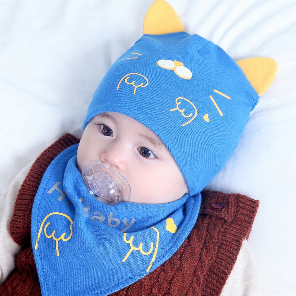 2 unids/set gorros de tejer de dibujos animados para niños Baberos para bebés niñas niños mantener el oído protectores funda gorro para la cabeza + Accesorios Para babero: blue