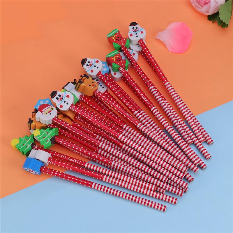 24 Pcs Kerst Potlood Met Gum Studenten Potloden Met Rubber Gommen Leuke Cartoon Potloden Xmas Kantoor School Briefpapier