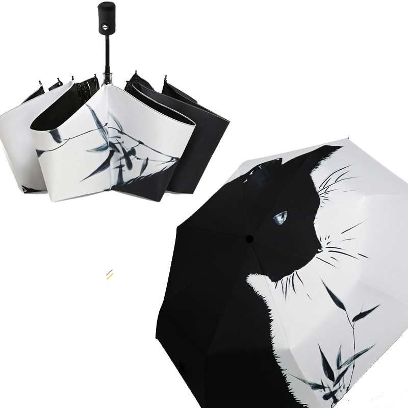 Automatic Umbrella Rain Women&#39;s Folding Umbrellas Cartoon Men Black Cat Sun Umbrella Kids for Child Windproof Anti-UV Parapluie