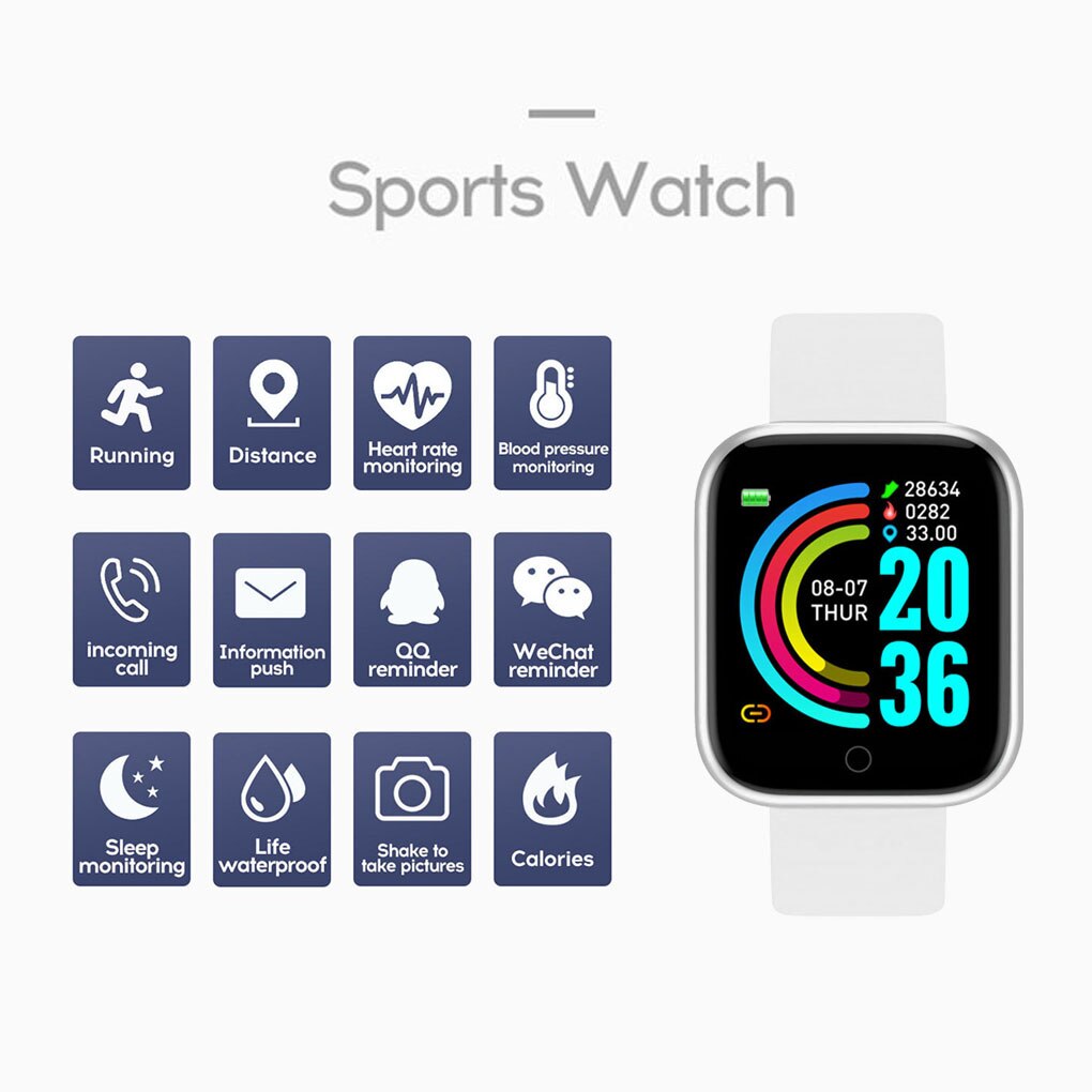 Y68 Smart Horloge Bluetooth 4.0 Smart Horloge Hartslag Bloeddruk Testen Horloge Fitness Horloge Led Sport Smart Horloge