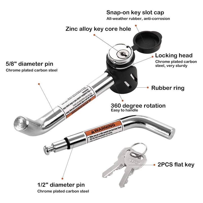 Hitch Receiver Pin Lock, Right Angle 1/2Inch and 5/8Inch for Class I II III IV 1-1/4Inch 2Inch and 2-1/2Inch Receiver