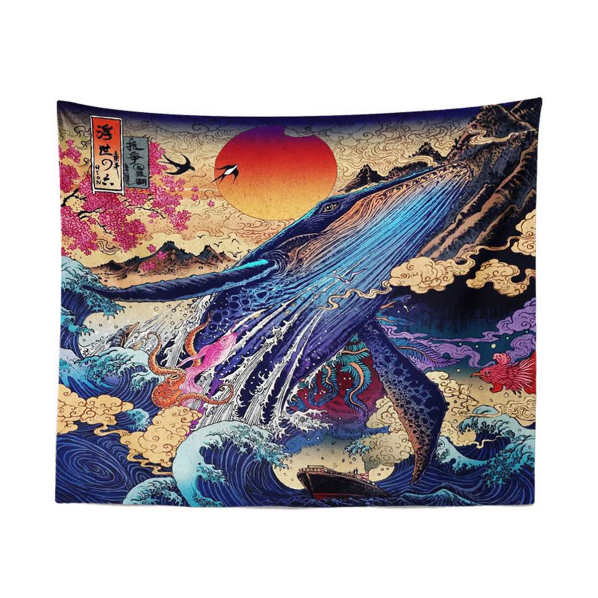 3 Sizes 3D Ocean Wave Sunset Tapestry Japanese Tapestry for Room Sea Whale Home Decor Wall Hanging