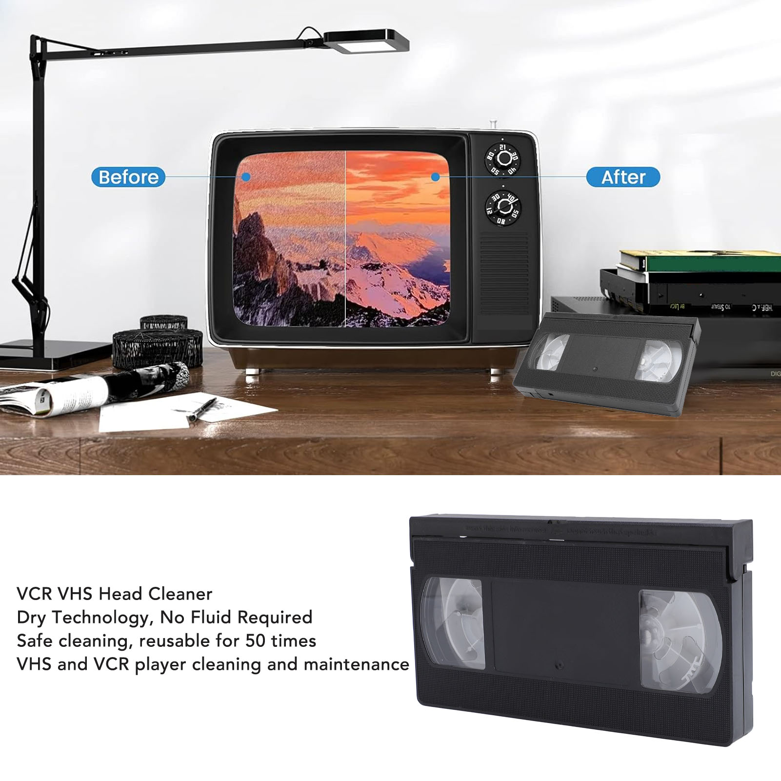 Nettoyeur de tête VCR VHS, outil de nettoyage de tête de lecteur vidéo réutilisable, technologie sèche, aucun fluide requis, nettoyeur de tête VHS