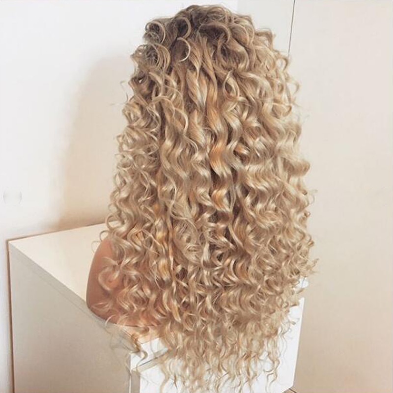 EEWIGS Glueless Blonde Curly Wig With Brown Root Heat Resistant Synthetic Lace Front Wig 180% Density Ombre Wigs For Black Women