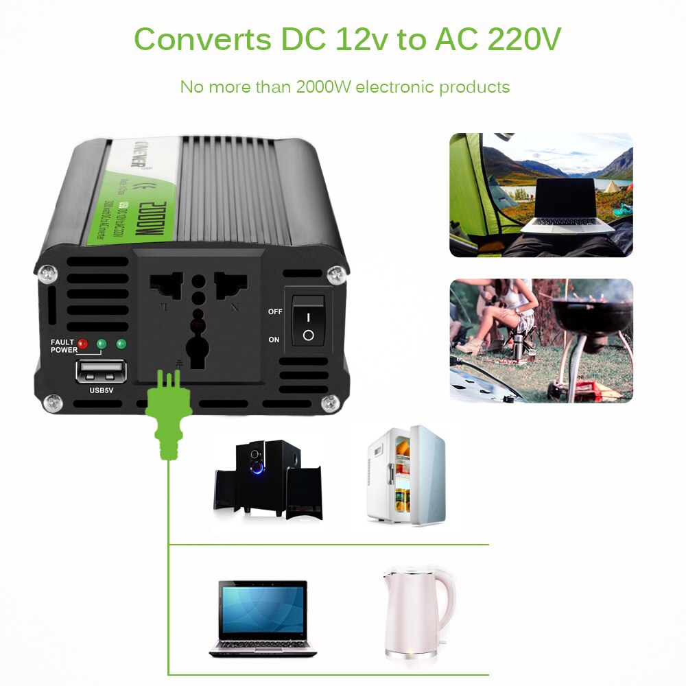 Inverter 12v 220v 2000w power inverter dc to  ac 12v to 220v bilspændingsomformer med usb billader til iphone 6 7 8