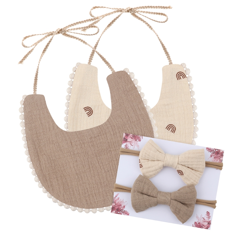 Peuter Lunch Feeding Bib Burp Doek Ademend Speeksel Handdoek Doek Met 2 Boog Haarband Voor Baby Meisjes 87HD