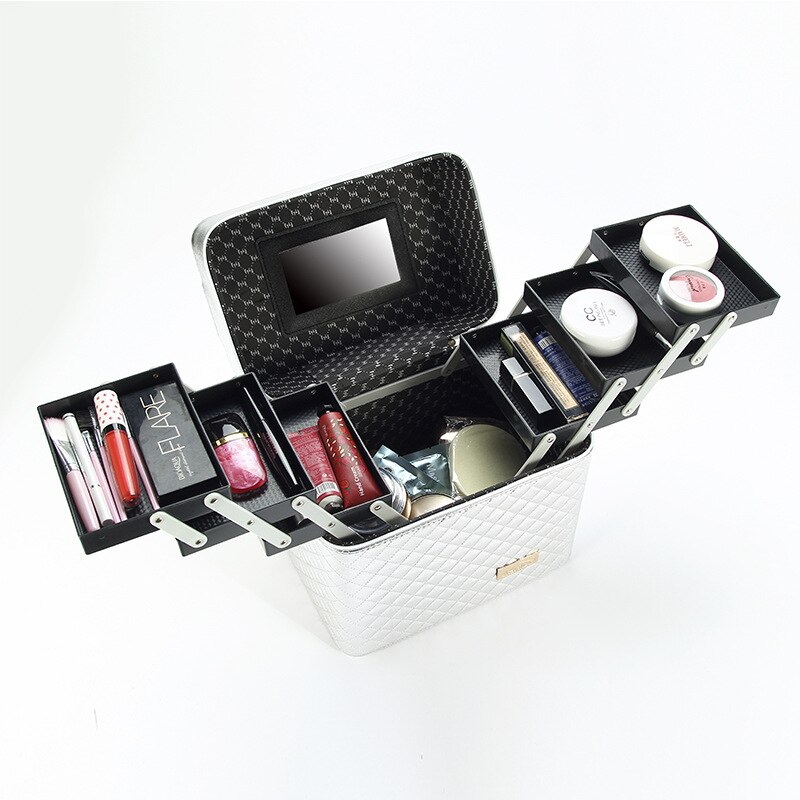 Makeup taske bærbar taske dobbeltlag stor udskrivning stor kapacitet makeup kasse håndholdt makeup taske pige: Sølvfarvet