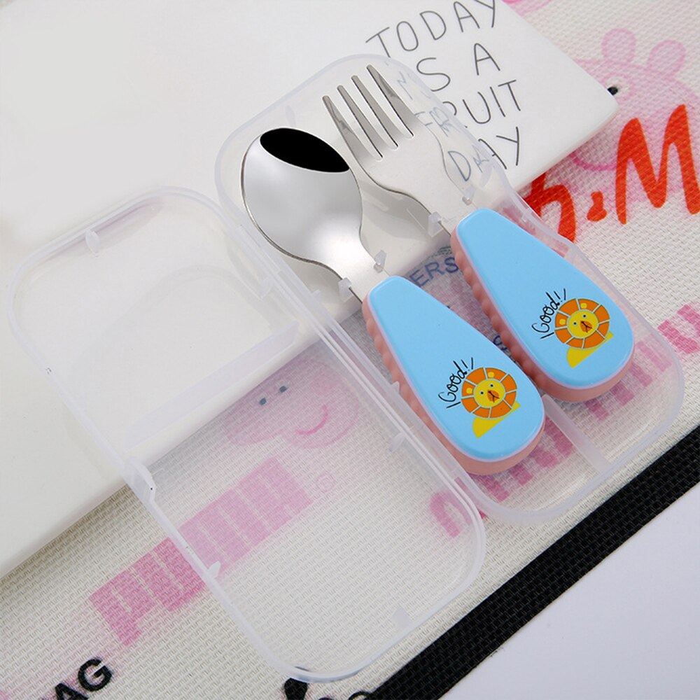 baby Feeding Spoon Fork Set Stainless Steel Toddler Infant Tableware Flatware Kids Cutlery with -Dust Box: B blue with box
