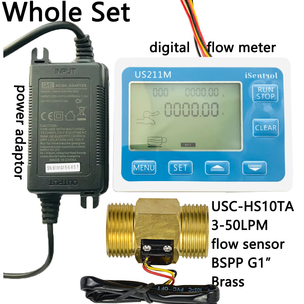 US211M Digital Water Flow Meter with Fine Brass G1" USC-HS10TA 3-50L/min Hall Water Flow Sensor Reader Saier iSentrol Dijiang