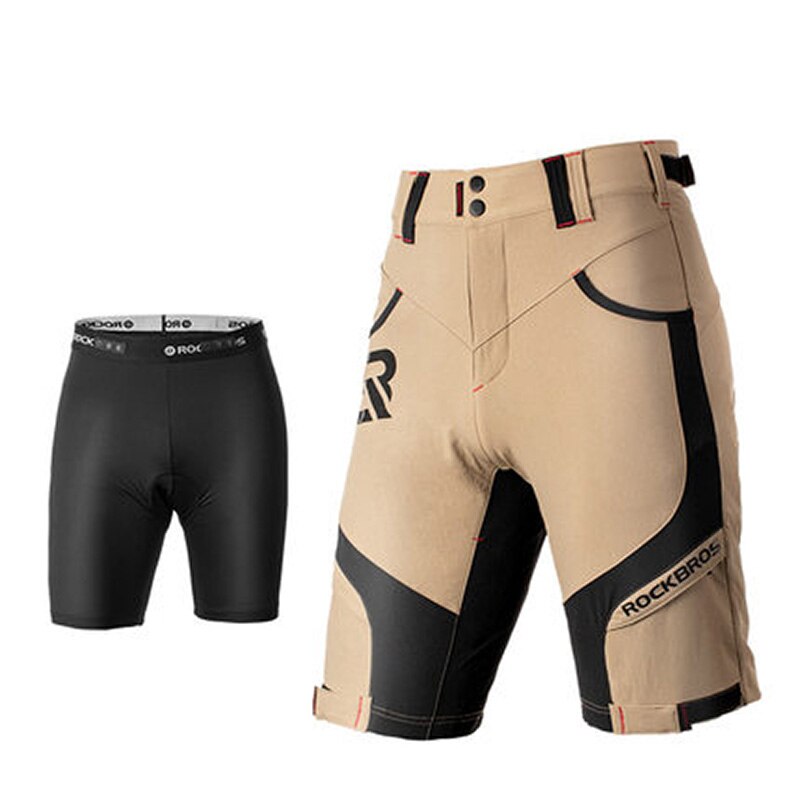 ROCKBROS-pantalones cortos de ciclismo, 2 en 1, con relleno 4D, ropa interior desmontable para bicicleta de montaña, pantalones cortos transpirables de descenso para hombre: apricot black / XXXL