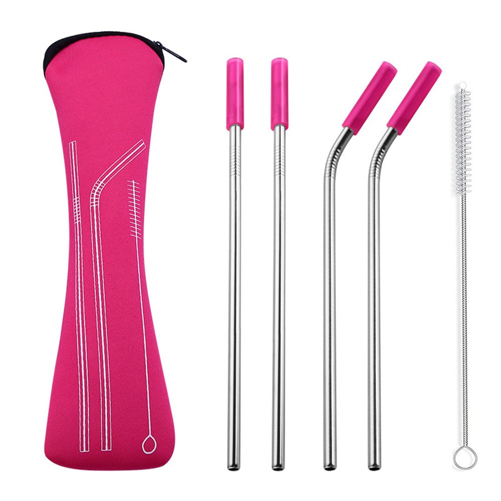 6 stks/set Herbruikbare Rvs Rietjes Rechte Gebogen Rietjes met Siliconen Tips voor Koude Drank Bar Gereedschap: Rose red