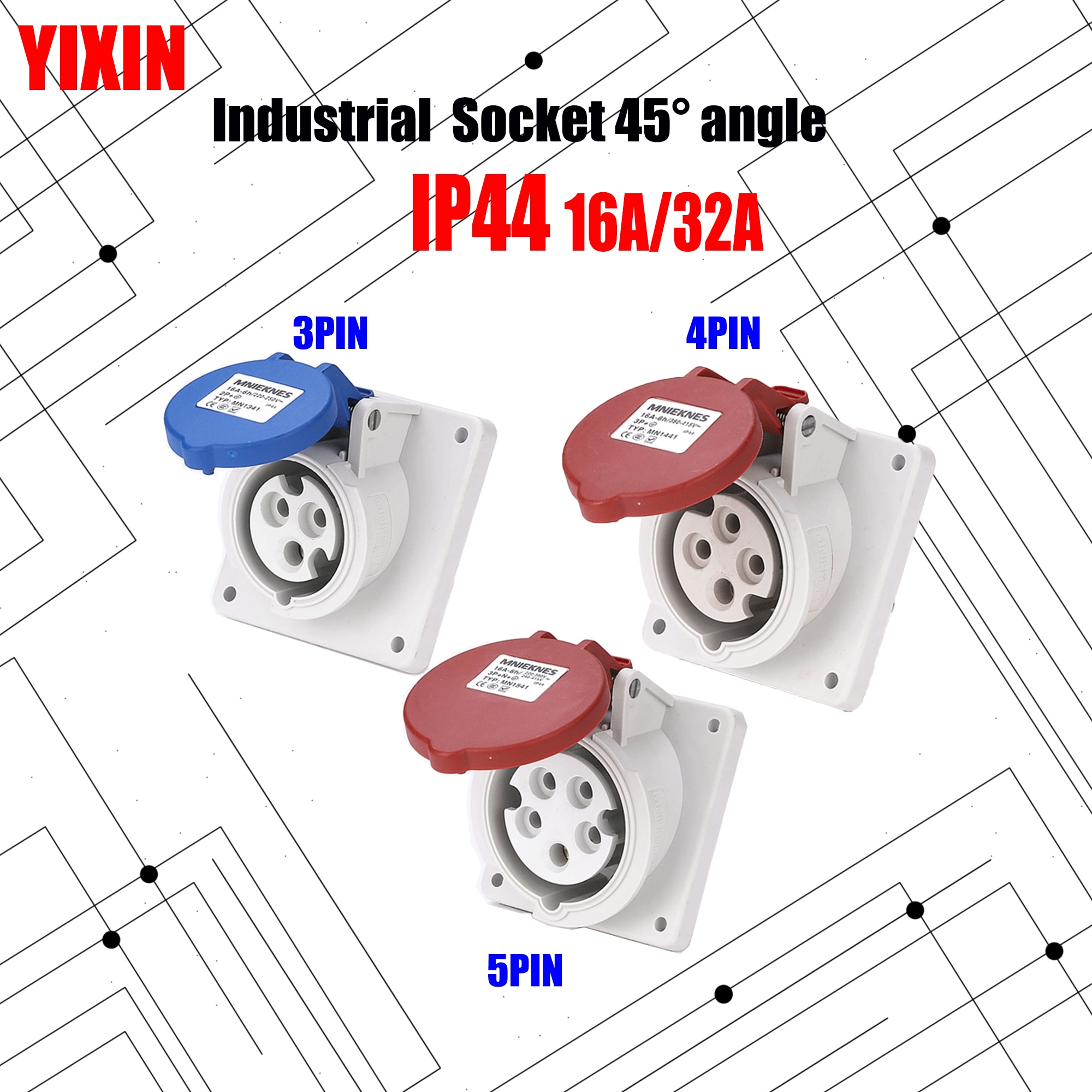 Industrial Socket Angle 45° 16A 32A 63A 3 pin 4 pin 5 pin ip44 Panel Mounted Socket NON -Waterproof 220V 380V 415V
